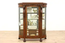 Victorian Antique Oak Curved Glass China Curio Cabinet, Carved Lions #36260