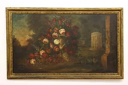 Still Life & Garden Folly 1800s Antique Original Oil Painting, 83" #44084