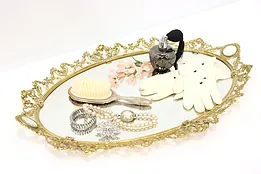 Victorian Style Gold Plated Filigree Boudoir Jewelry Mirror Tray, Cherubs #44824