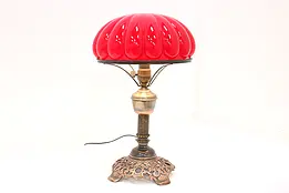 Art Deco Red Glass Melon Shade Antique Office Desk Lamp, F.G. Co #44886