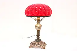 Art Deco Red Glass Melon Shade Antique Office Desk Lamp, F.G. Co #44886