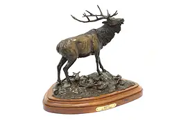 Bronze Elk Sculpture Vintage Bronze Statue on Walnut Base, Fuegen #45108