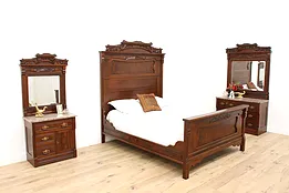 Victorian Eastlake Antique Walnut & Marble 3 Pc Bedroom Set, Queen Bed #43274