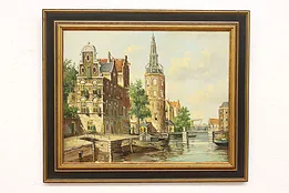 Dutch Canal, Boats & Tower Vintage Original Oil Painting, Hoven 24.5" #45225