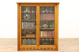 Arts & Crafts Mission Oak Antique Leaded & Textured Glass Bookcase #44558