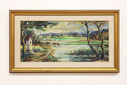Traveler's Shrine & Pond Vintage Original Oil Painting, Signed 36" #45229
