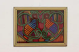 Latin American Kuna Folk Art Vintage Framed Mola Textile, Birds, Panama #44664