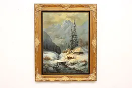 Snowy Mountainside Cabin Vintage Original Oil Painting, Mazur 51" #44928