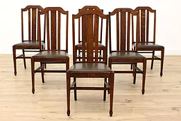 Set of Six Arts & Crafts Mission Oak Antique Leather Dining Chairs #44906