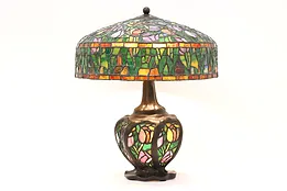 Art Nouveau Vintage Stained Glass Office or Library Lamp, Lighted Base #44937