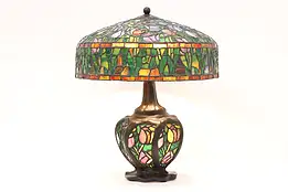 Art Nouveau Vintage Stained Glass Office or Library Lamp, Lighted Base #44937