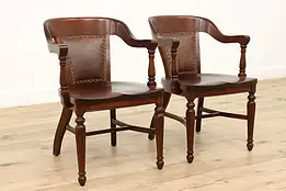 Pair of Antique Leather & Walnut Office, Library Desk Chairs #44075