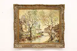 City Canal Scene Vintage Original Oil Painting, King 29.5" #44924