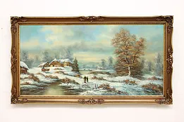 Snowy Farm Pond Vintage Original Oil Painting, Brinkmann 53" #44929