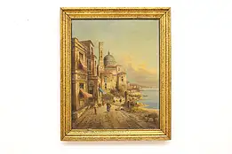 Italian Ocean Town Antique Original Oil Painting Delater 32" #45231