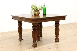 Victorian Antique Farmhouse Square Oak Dining Table 5 Leaves #34215