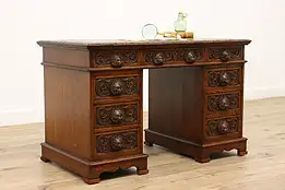 Victorian Oak Antique Office Library Desk, Carved Pulls #45244