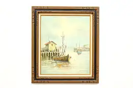 Boats at Harbor Vintage Original Oil Painting, Martin 31.5" #45437