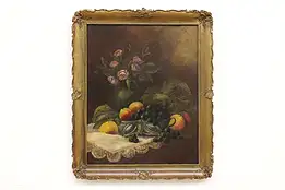 Peaches Still Life Antique Original Oil Painting Signed 23" #41087