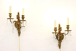 Pair of Antique Brass & Crystal Double Light Wall Sconces #44580