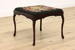Country French Antique Carved Bench or Footstool Needlepoint #45213