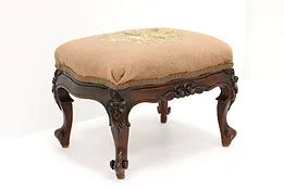 Hand Carved Mahogany Antique Footstool Floral Needlepoint #45212