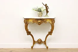Italian Vintage Rococo Design Carved Hall Console Marble Top #45364
