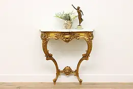 Italian Vintage Rococo Design Carved Hall Console Marble Top #45364