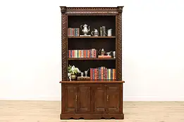 Asian Vintage Carved Teak Office Library Bookcase, Flowers #37798