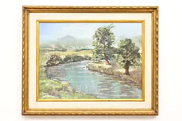 Summer River & Fields Antique Original Oil Painting Hall 31" #45435