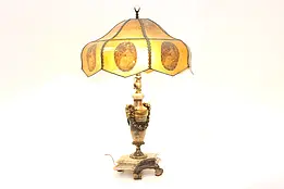 Neoclassical Antique Brass & Marble Lamp, Mica Shade, Rams #44940