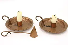 Pair of Farmhouse Antique Copper Candlesticks & Snuffer #45098