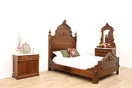 Victorian Antique Walnut & Marble 3 Pc Bedroom Set Queen Bed #41088