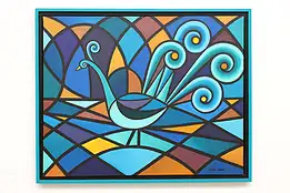 Teal Peacock Vintage Original Acrylic Painting, Bodden 32.5" #45604