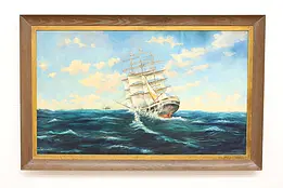 Sailing Ship Vintage Original Oil Painting, Signed 63" #45658