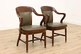 Pair of Antique Walnut & Leather Banker Office Desk Chairs #45035