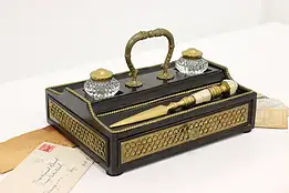 Victorian Antique Ebony Desktop Inkstand 2 Inkwells, Drawer #45269