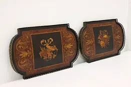 Pair of Antique English Marquetry Wall Plaques Music Grapes  #33653