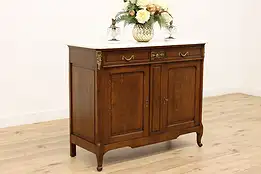 French Antique Oak Sideboard Server or Bar Cabinet, Marble  #34730