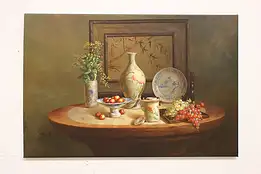 Vases & Fruit Vintage Original Oil Painting, Signed 36.5" #45127