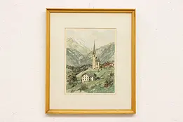 Austrian Alps Village Vintage Original Etching Figuera 19.5" #44635