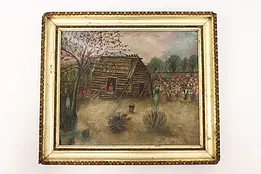 Folk Art Woman & Cabin Antique Original Oil Painting 15" #45311