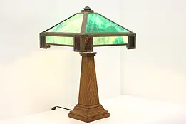 Arts & Crafts Mission Oak Antique Stained Glass Desk Lamp #42098