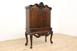 Asian Enamel Lacquer Antique Carved Walnut China Cabinet #45971