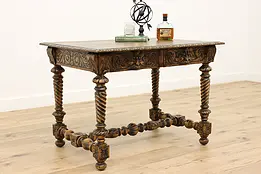 Black Forest Antique Carved Oak Office Desk or Library Table #45708