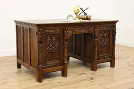 Gothic Carved Antique Oak Office Library Desk, Knights #38886