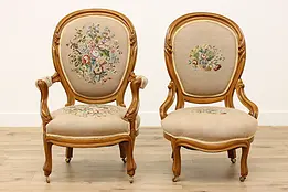 Pair of Victorian Antique Walnut Chairs Needle & Petit Point #45945