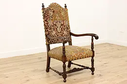 French Antique Carved Ash & Needlepoint Armchair #46079