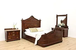 Victorian Eastlake Antique 3 Pc Bedroom Set, Queen Size Bed #34150
