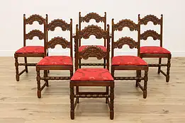 Set of 6 Tudor Vintage Oak Dining Chairs, New Upholstery #46436